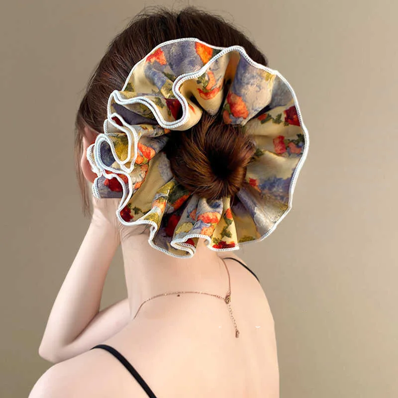 Elegant Floral Ruffled Edge Scrunchie - Vintage Oil Painting Design Hair Accessory