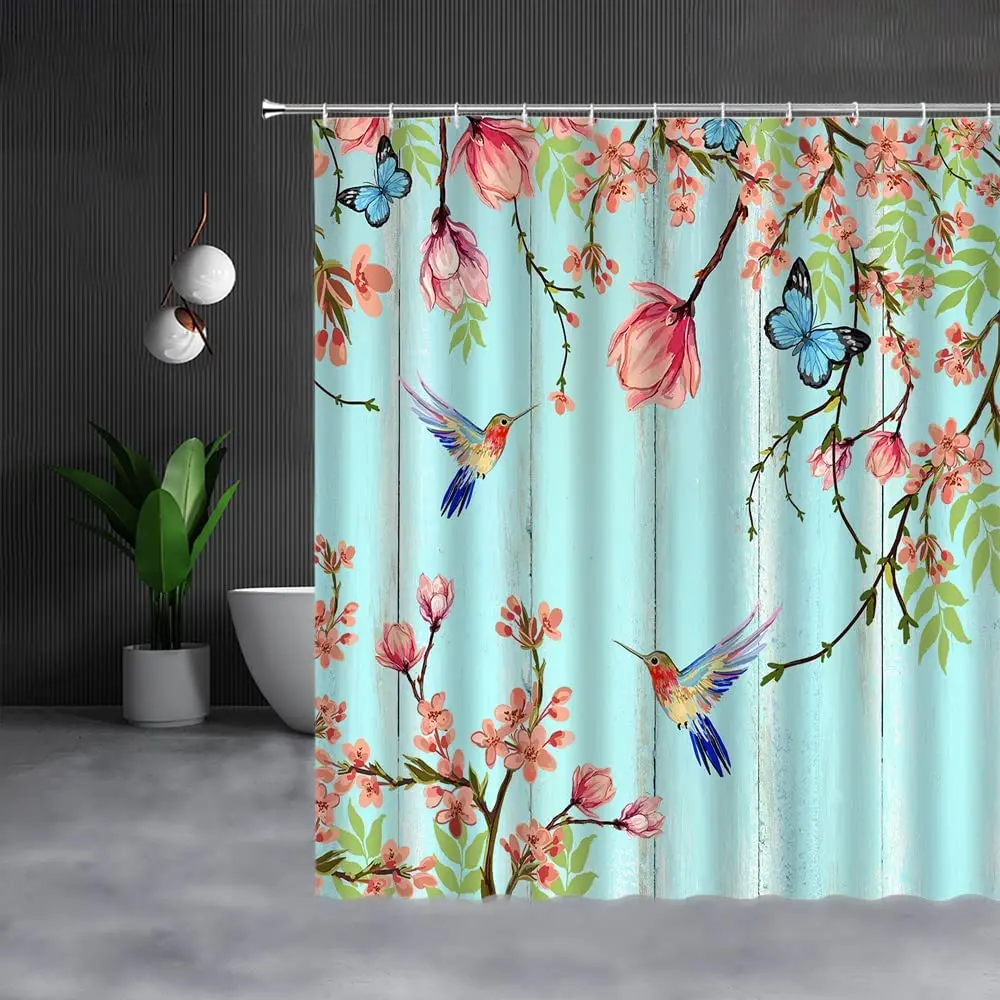 

Flower Bird Shower Curtains Floral Spring Watercolor Wisteria Magnolia Butterflies Rustic Wooden Bathroom Curtain with Hooks