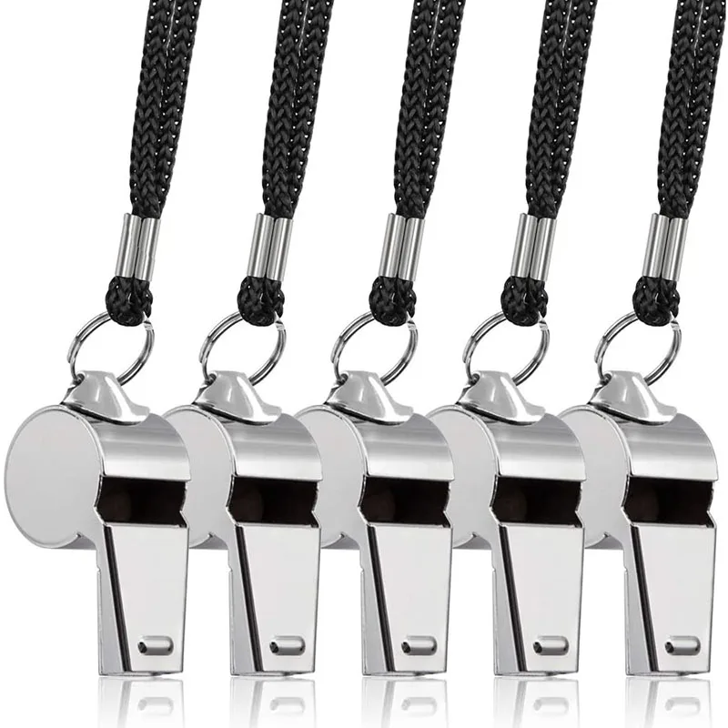 

5 Packs Stainless Steel Whistle Loud Metal Whistles with Lanyard Professional Referees Whistle Coaches Lifeguards Survival Sport