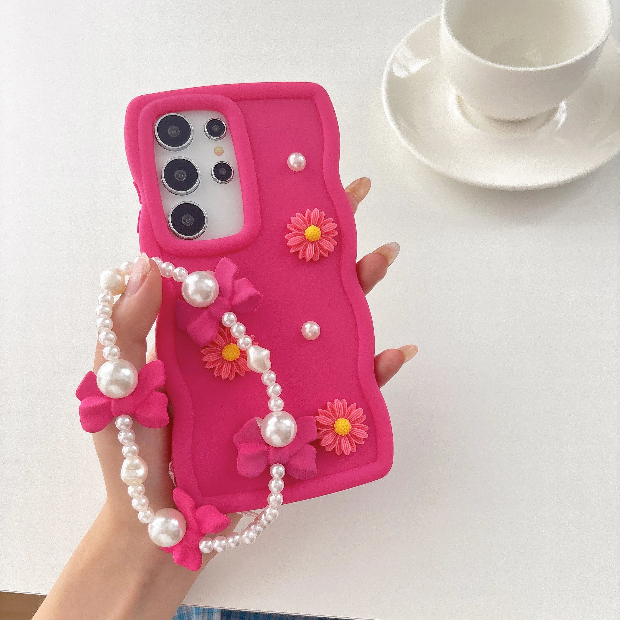 Elegant Floral Pearl Chain Lanyard Phone Case