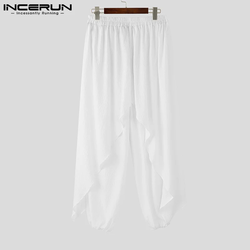 2024 INCERUN Men's Solid Color Long Harem Pant Causal Solid Trousers Ruffle Pantalons American Style Fashion Oversize Streetwear