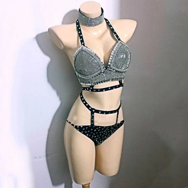 Crystal embellished dance bikini performance outfit