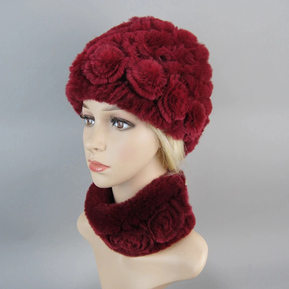 Hot Sale 2 Pieces Natural Rex Rabbit Fur Cap Scarves Women Warm Rex Rabbit Fur Hat Scarf Sets Winter Lady Knit Fur Hats Muffler 2