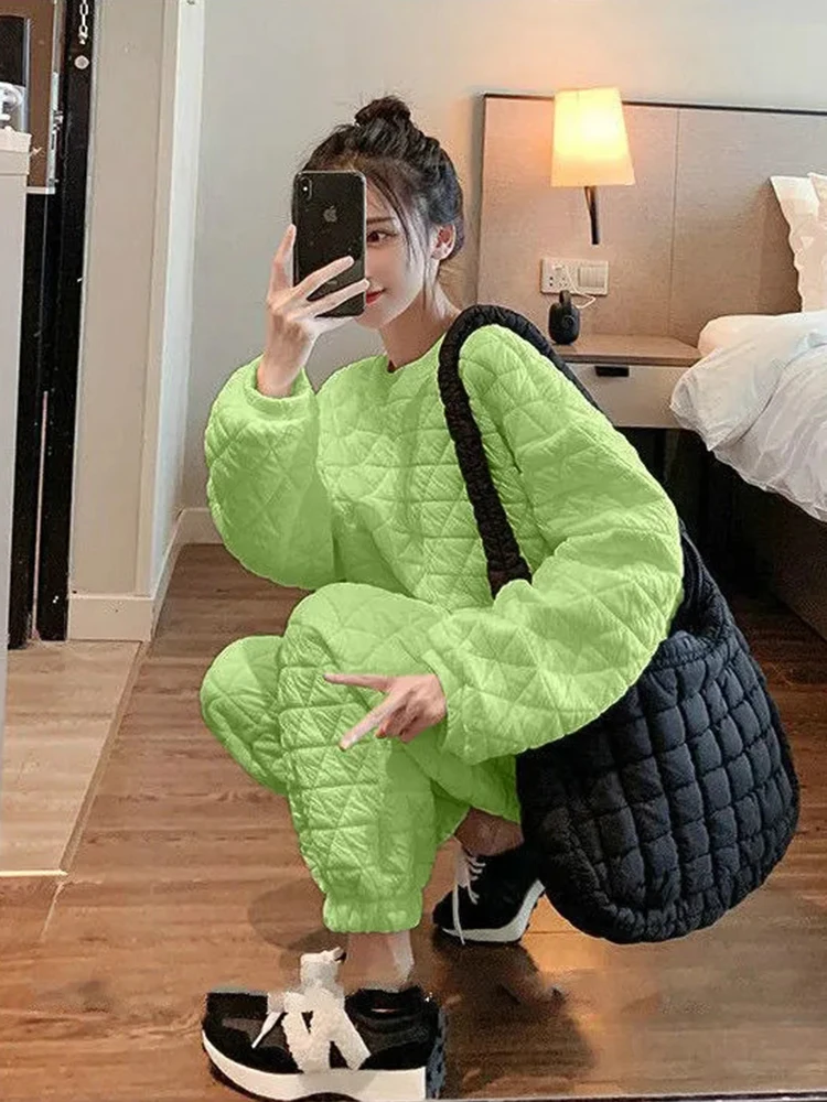 Thicken Warm Quilted Sweatshirt O- Neck 2 Piece Set Casual Thick Pullover Top Conjunto Baggy Wide Leg Ankle-length Jogger Outfit