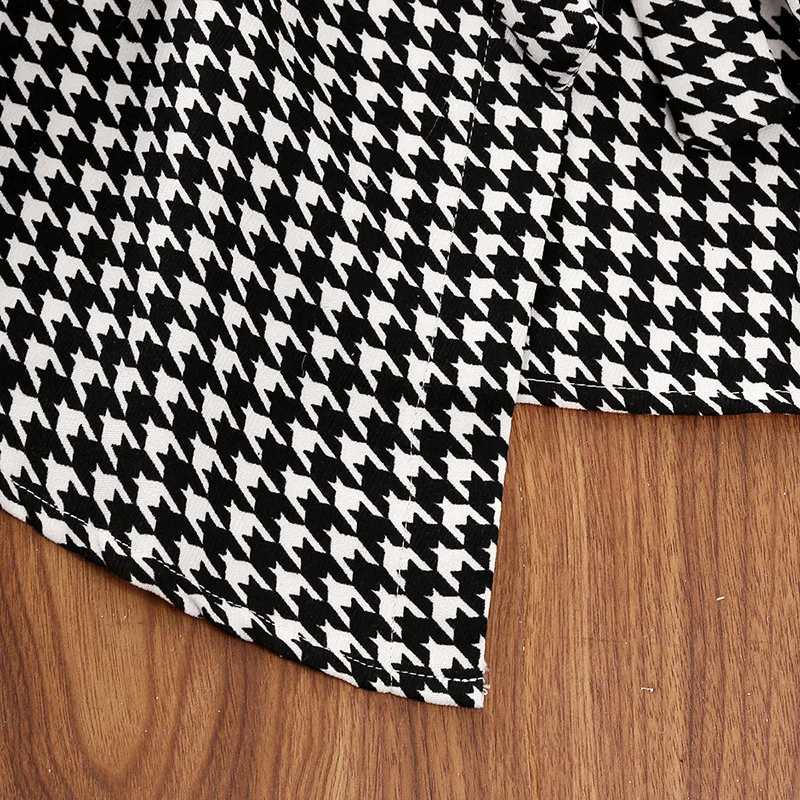 Casual Kids Shirts for Girls Spring Autumn New Child Long Sleeve Houndstooth Patched Irregular Hem Tops with Belt Clothing