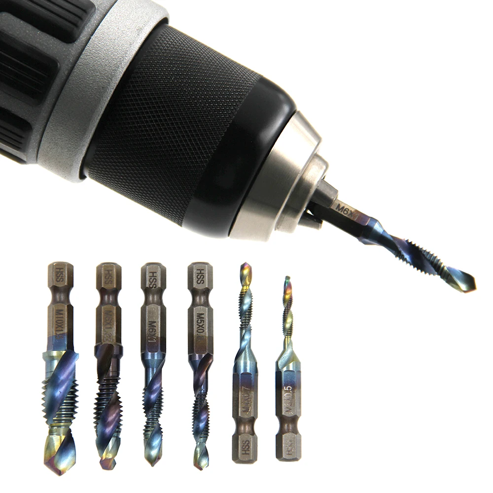 Hexagon Shank Blue Short Composite Tap 6pc Drilling and Tapping Integrated Tap Machine Hole Chamfering Tool Set drill bit set,drill and tap set,drill bits,drill bit