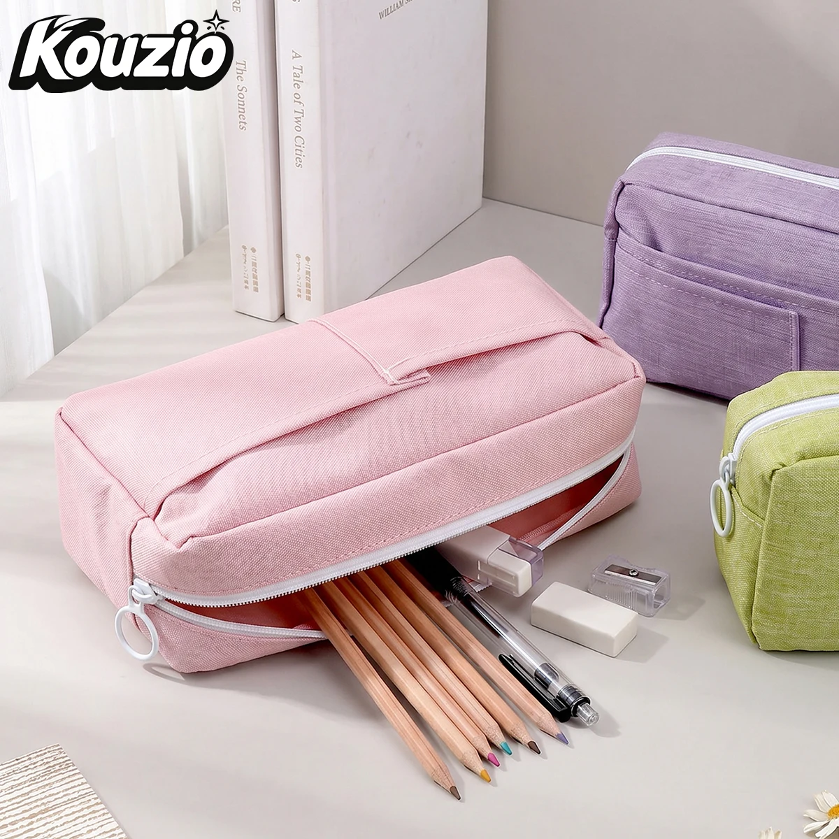 대용량 캔버스 필통, 앞주머니, 지퍼 펜 파우치, 사무실 및 여행용 - KOUZIO