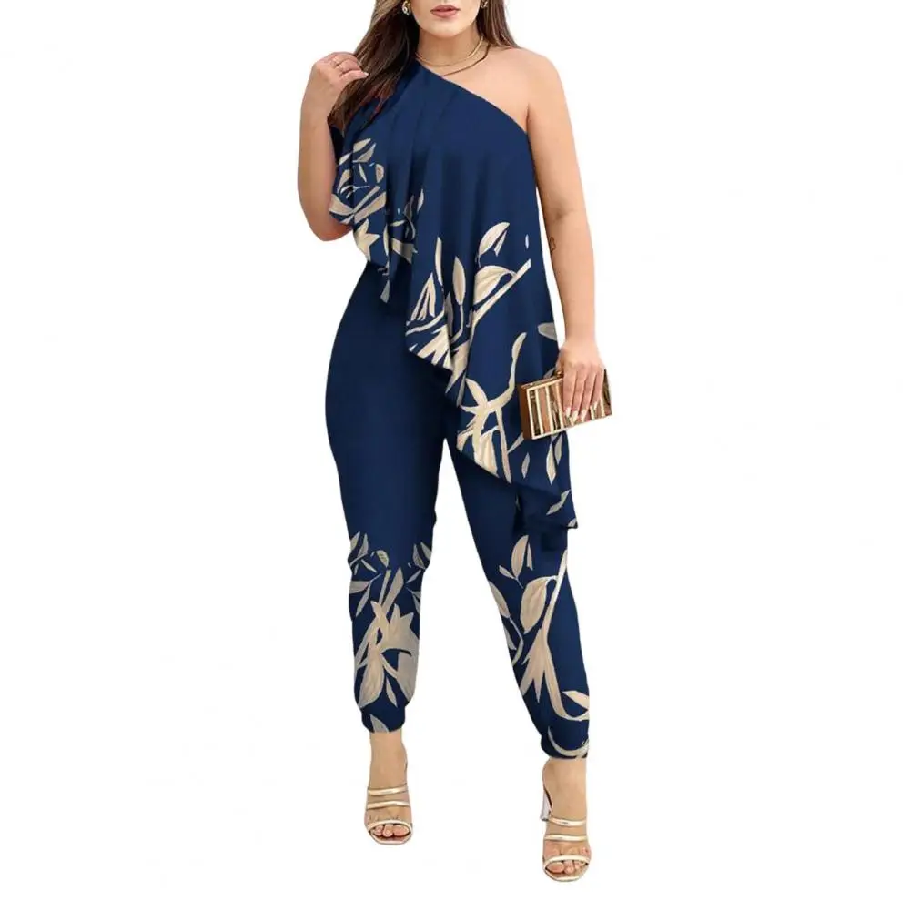 Women Jumpsuit Elegant Leaf Print One Shoulder Jumpsuit for Women Slim Fit Backless Prom Ball Lady Long Jumpsuit Women Printed