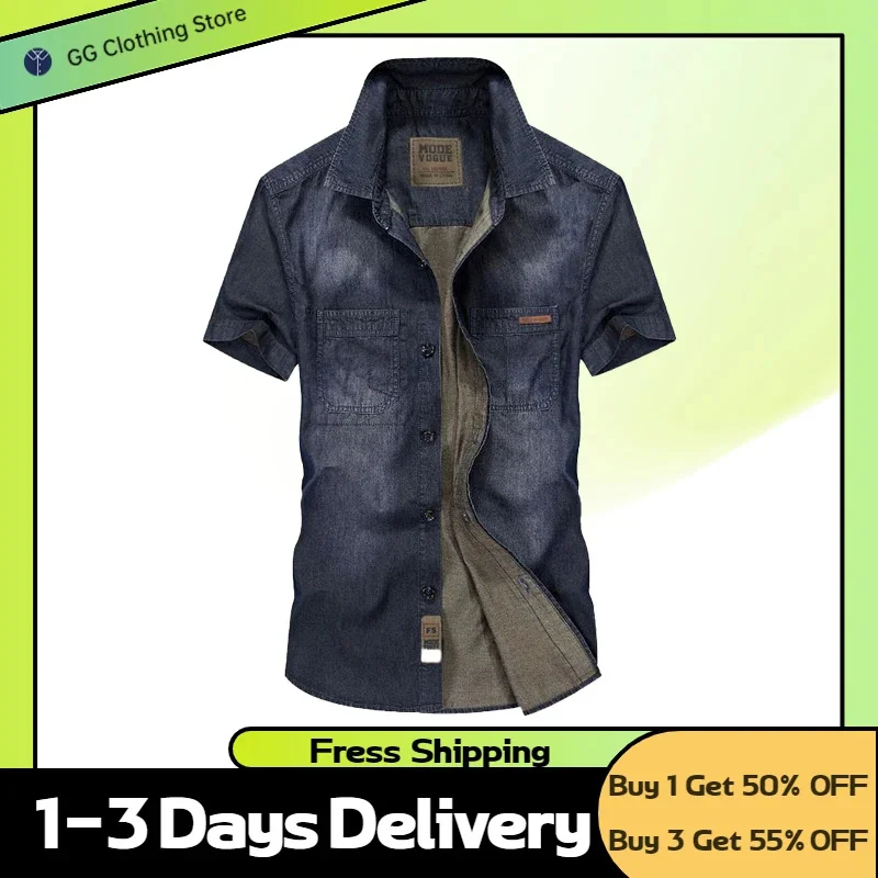 

2024 Male Denim Shirts Fashionable Men's Clothing Summer High Quality Casual Short Sleeve Hawaiian Beach For Men