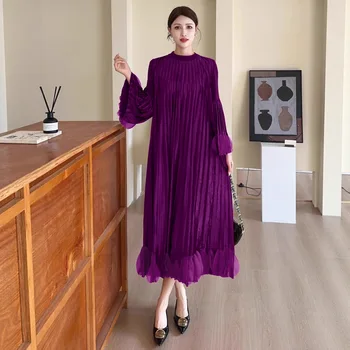 Miyake Pleated Dress Women's 2025 New High-end Solid Color Round Neck Bell Sleeves Ruffled Waist Design Elegant Pleated Skirt 1