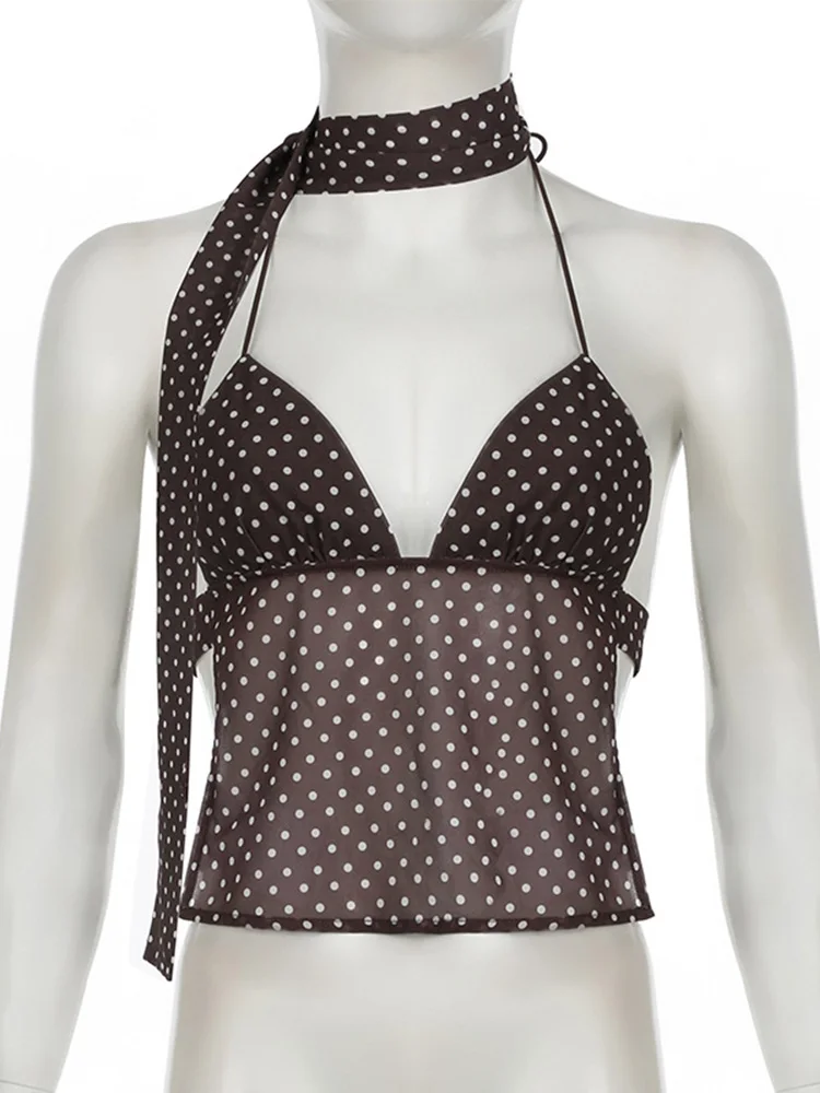 Summer Y2K Women's Sleeveless Vest Polka Dot Print Spaghetti Strap Camisole with Scarf Vintage Streetwear Top 5