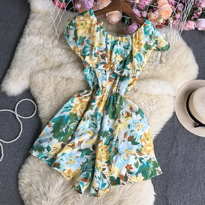

Summer New European and American Fashion Print Ruffled High Waist Waist Slimming Short-sleeved One-piece Shorts for Women