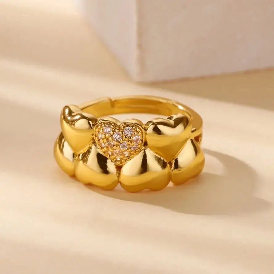 Chunky Zircon Heart Rings Gold Color Stacking Finger Rings For Women