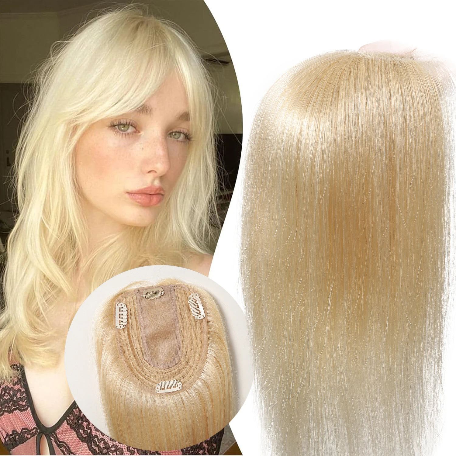 

100% Remy Human Hair Toppers for Women 613 Blonde Hair Pieces 12 Inch Middle Part Hair Topper Silk Base Clips in Hair Extension