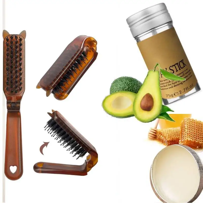 Hair Wax Stick For Wig Hog Bristles Folding Hair Comb Wax Stick Gel Cream Style For Men Women Brush