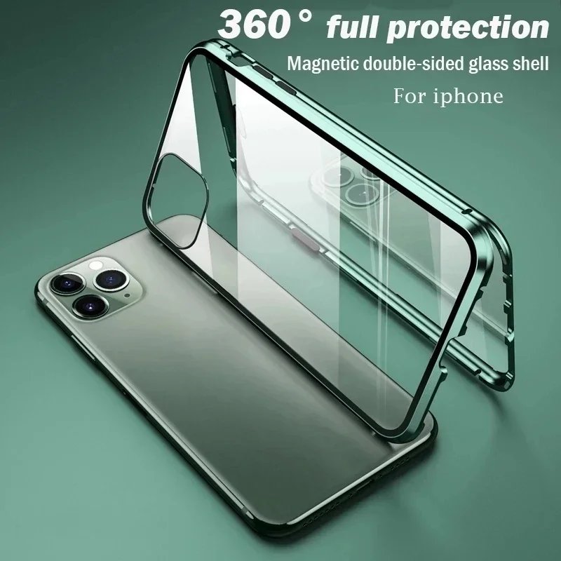 360 ° Vollständiger Schutz, magnetische Metall-Handyhülle für iPhone 15 14 13 12 11 Pro Max X XS XR 8 7 Plus, doppelseitige Glas-Stoßstangenabdeckung