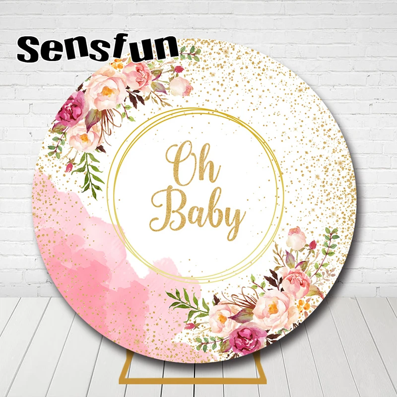 

Oh Baby Round Background Photo Backdrops Gold Glitter Pink Flower Cylinder Covers Birthday Party Decoration Elastic Photocall