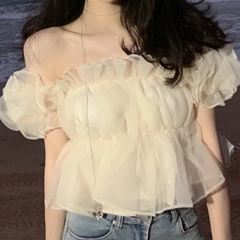 여성용 퓨어 컬러 퍼프 소매 크롭탑, 섹시한 쉬폰 블라우스, 우아한 캐주얼 슬림 셔츠, 2022 여름 Y2k, 한국 스타일