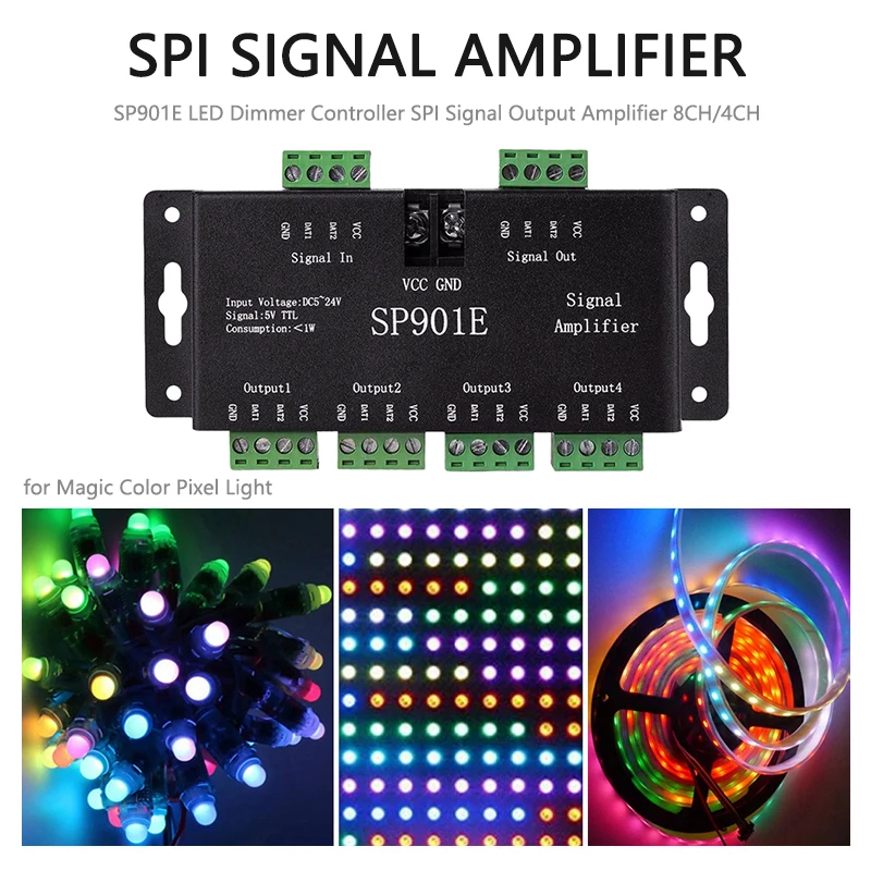 Фото SP901E SPI усилитель сигнала для WS2811 WS2812B WS2813 пиксель красный зелёный синий фотополоски ретранслятор сигнала Адресуемая мечта цветная лента №4