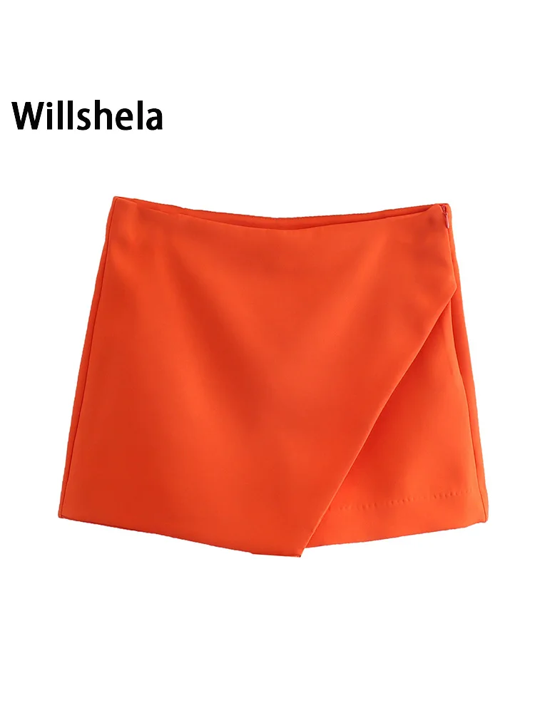 Willshela-Jupe courte pour femme, taille haute, poches arrière, fermeture éclair latérale, vintage, couleur unie, mode