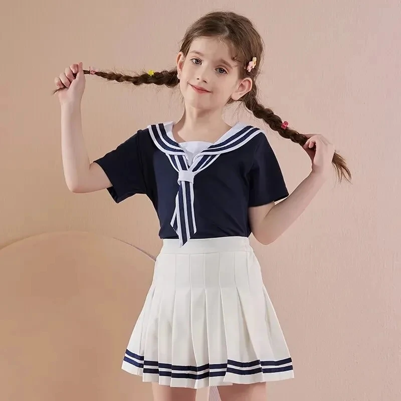 Girls Pleated Skirt Suits Summer Navy Style Children's Skirt 2 Pcs Sets Teen Girls Elementary School Uniforms Student Clothes cute Clothing Sets