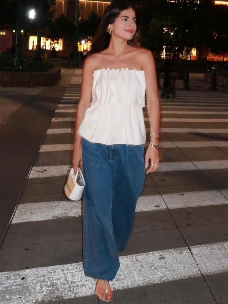 White Pleated For Women Tube Tops Backless Slim Patchwork Casual Summer Elegant Y2k Top High Waist Solid Bandeau Crop top