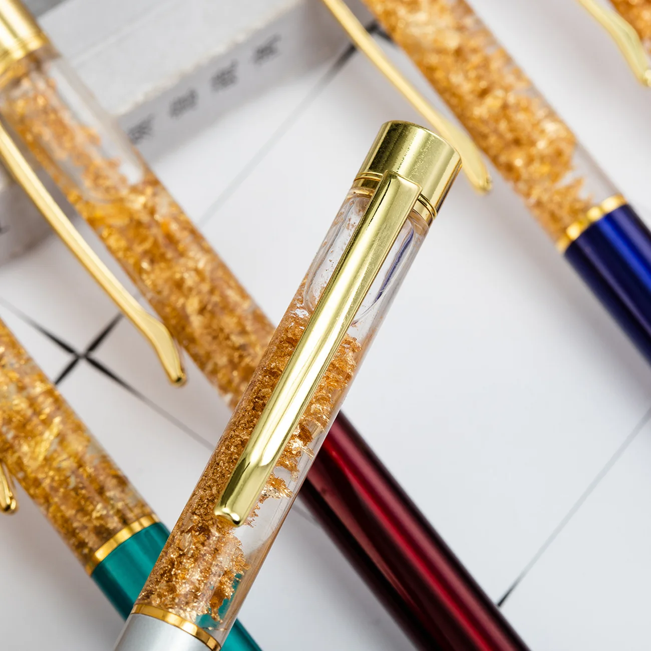 8pcs Rose Gold Ballpoint Pen Set, Liquid Sand Sparkling Pen, Metal