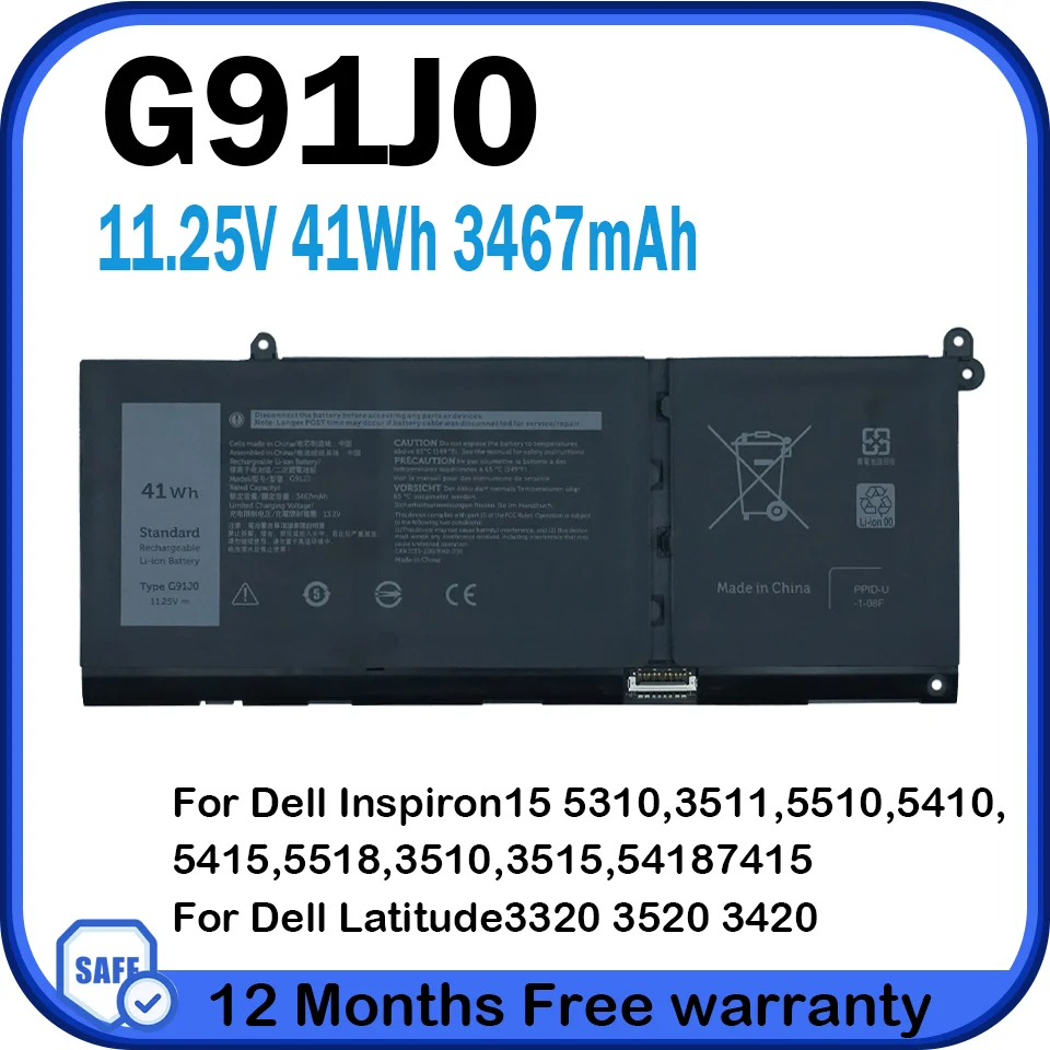 41Wh G91J0 Laptopaccu – Vervangende Batterij Voor Dell Inspiron 13, 14, 15, 16, Latitude En Vostro Series