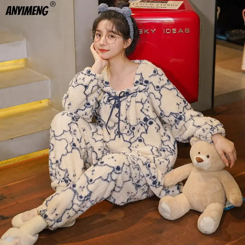 thumbnail image 1 of Conjunto de Pijamas Coral de oso de peluche de invierno para mujer, Pijamas regordetes elegantes de estilo coreano Kawaii para niña, Pijama informal de terciopelo a la moda para mujer, 1 of 4