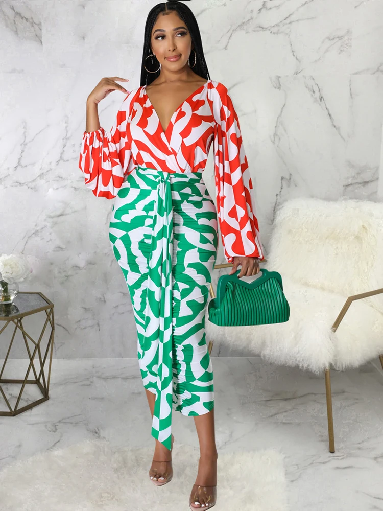 

Women Color Block Wave Striped Bodycon Dresses Vintage Deep V Neck Long Sleeve Party Dress Fashion High Waist Cocktail Vestidos