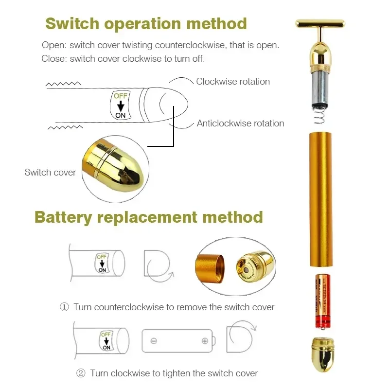 Energy 24K Gold T Beauty Bar Facial Roller Massager T-Shape Face Lift Bar Pulse Vibration Firming Face Massage Lift Tools Stick