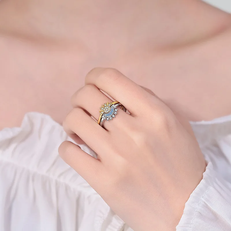 Silver Rings Silver Ring Wedding Rings Sparkling Sun and Moon Adjustable Couple Rings CZ Open Promise Ring Stackable Engagement Jewelry Day Gift