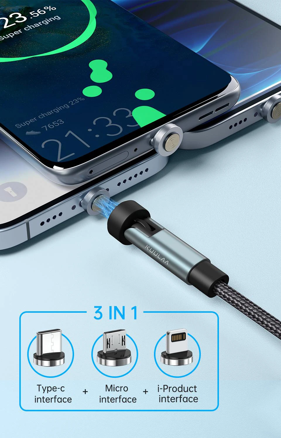 KUULAA 3-in-1-Magnetkabel 540 ° Drehen Sie das Schnelllade-Magnet-Ladegerät, Micro-USB-Typ-C-Kabel, Mobiltelefonkabel für iPhone Xiaomi – Detail 4