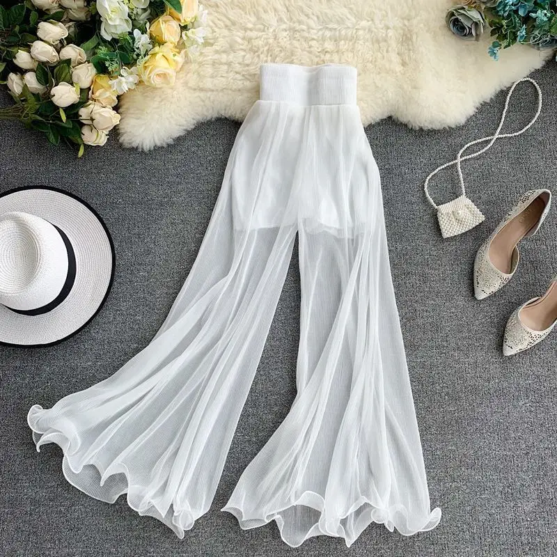 

Women's Clothing 2024 Summer New Solid Color Korean Commute Elasticized High-waisted Spliced Gauze Ruffles Loose Wide-leg Pants