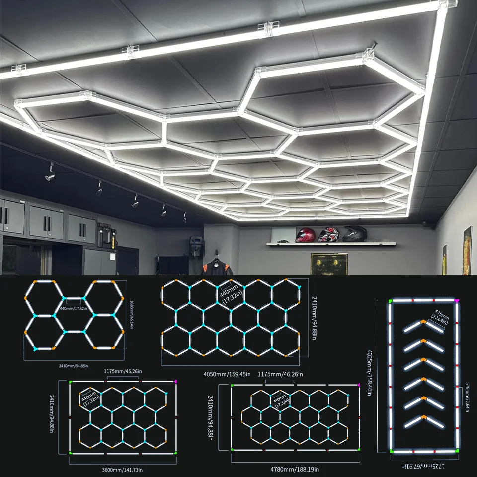 벌집 LED 램프 AC85-265V LED 튜브 육각 천장 조명, 스튜디오 체육관 자동차 차체 수리 작업장, 테두리가있는 차고 조명 
