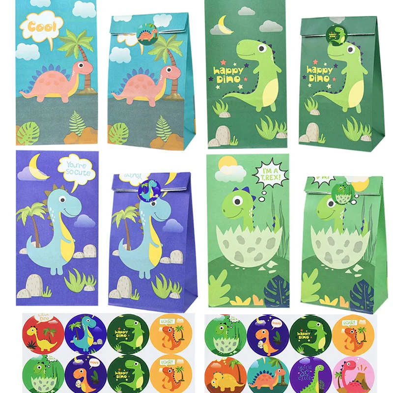 12 Stück Cartoon-Dinosaurier-Süßigkeitstüten mit Aufklebern, Kekse, Geschenke, Verpackung, Papiertüten für Kinder, Dino-Thema, Geburtstagsparty-Dekoration