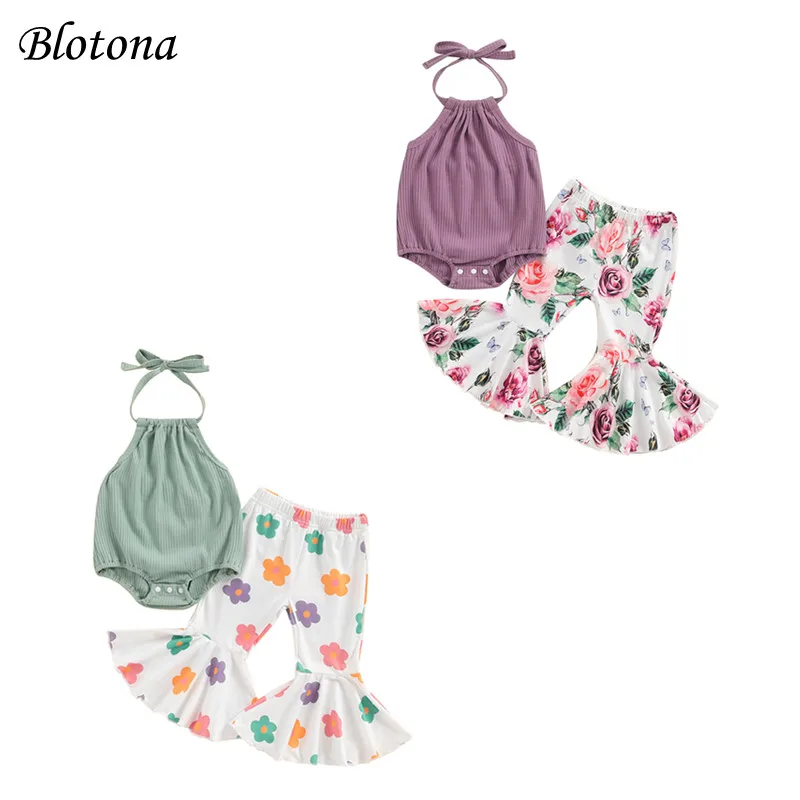 

Blotona Baby Girl Summer Outfits Tie-Up Halter Neck Sleeveless Romper Tops Flower Print Flared Pants 2Pcs Clothes Set 0-24M