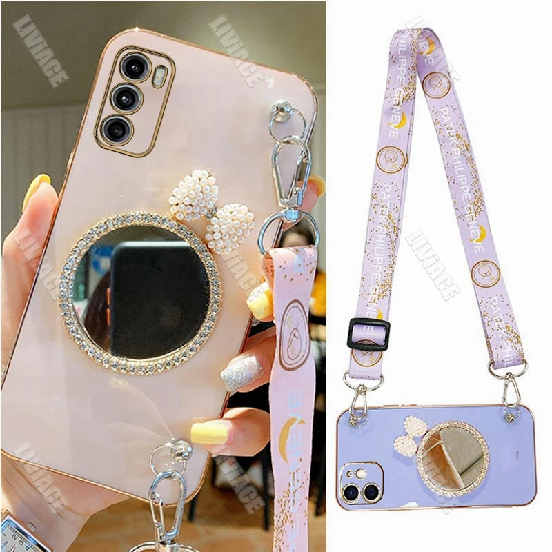 Glitter Bow Pearl Mirror Lanyard Strap Phone Case Cover