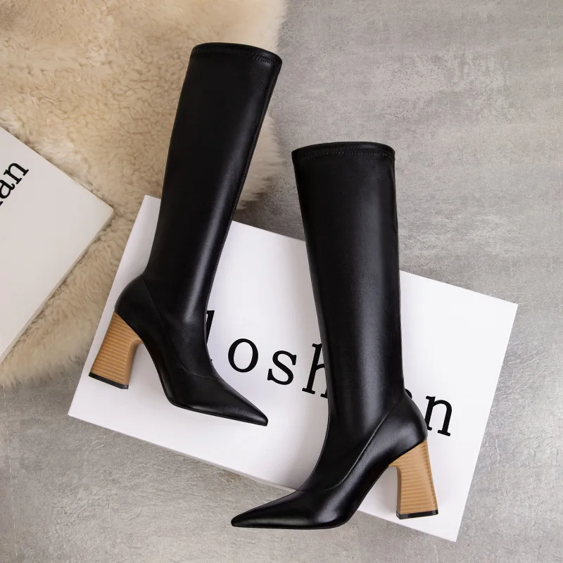 Autumn Wood Grain Heel Sexy Women Boots Black Soft PU Leather High Heels Long Shoes Pointed Ladies Elastic Thin Motorcycle Boots