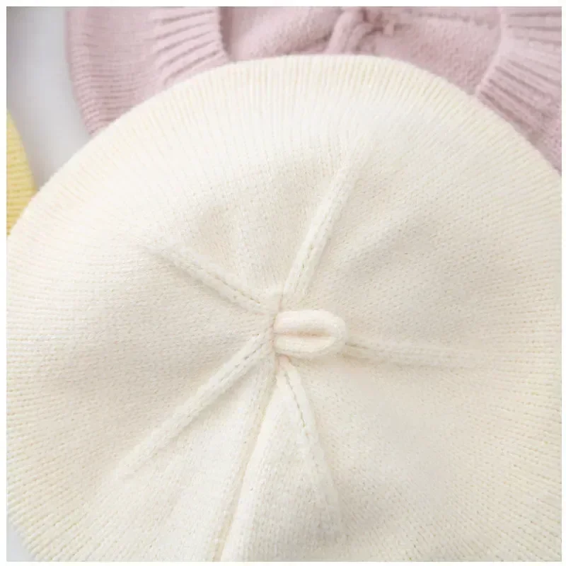 Solid Color Flower Baby Beret Hat Winter Warm Knitted Beanie Cap for Infant Girls Korean Toddler Princess Artist Painter Caps
