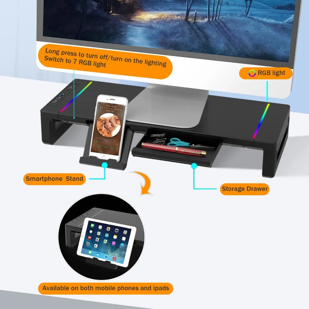 Suporte do Monitor de Computador Rgb Multi-function Dobrável Porta Usb 3.0 Teclado Mouse Prateleira de Armazenamento Gaveta Suporte do Monitor - Imagem 6