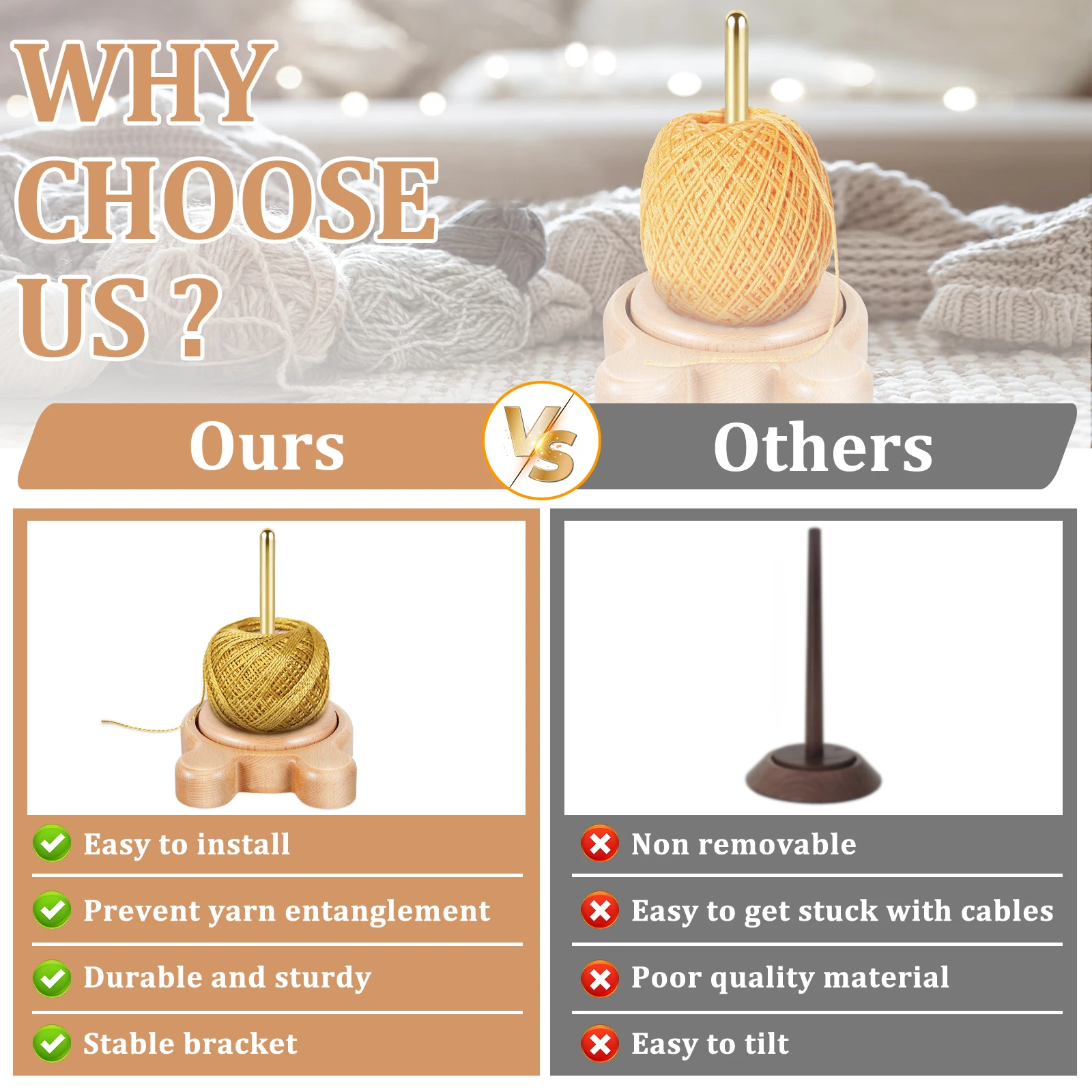 Wooden Yarn Holder Dispenser Portable Beech Wood Yarn Spindle Dispenser Stable Durable Crochet Ball Holder for Arts Crafts