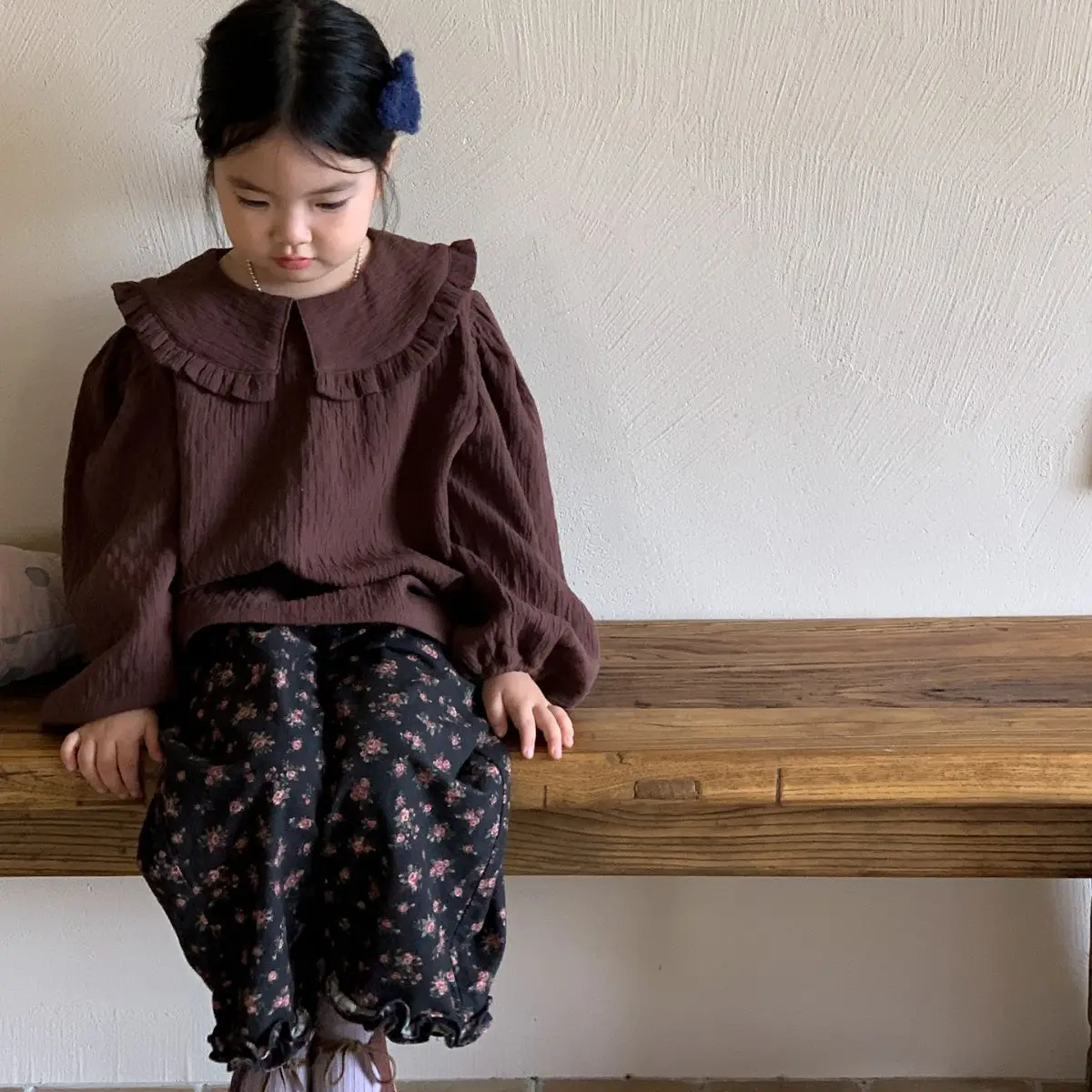

Children's Shirt Blouses 2023 Autumn New Korean Edition Ruffle Lace Collar Doll Shirt Girls' Long Sleeve Top Print Pants