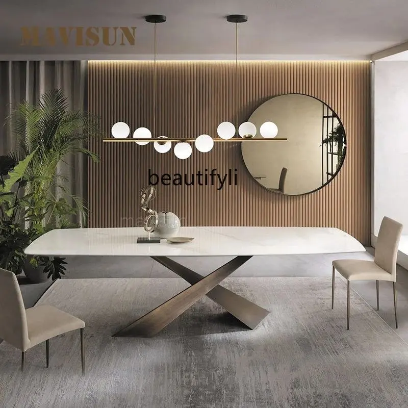 

Italian Creative Mobile Household Dining Table Small Apartment Modern Minimalist Floor Luxury Rock Board Rectangular Furniture W