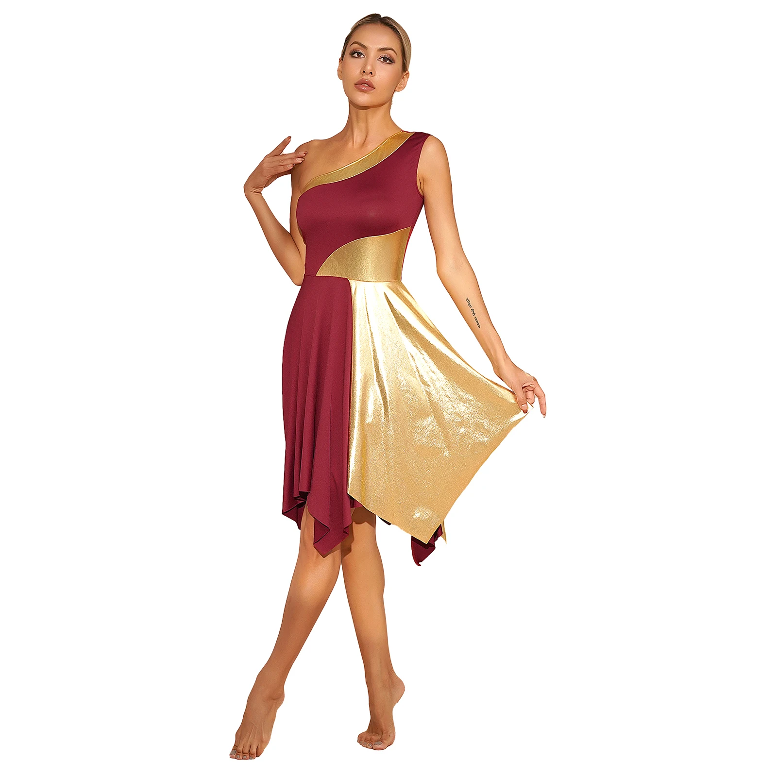 Liturgisches Lobpreis-Tanz-Outfit für Damen, einschultriges, unregelmäßiges Saum-Chor-Kirchen-Ballettkleid mit metallischer Hose mit weitem Bein – Detail 23