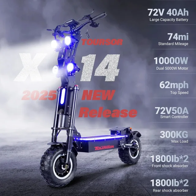 Trottinette électrique intelligente NFC en alliage d'aluminium améliorée, 72V 50A 10000W, pneus tout-terrain/urbains de 14 pouces, vitesse 120 km/h 1