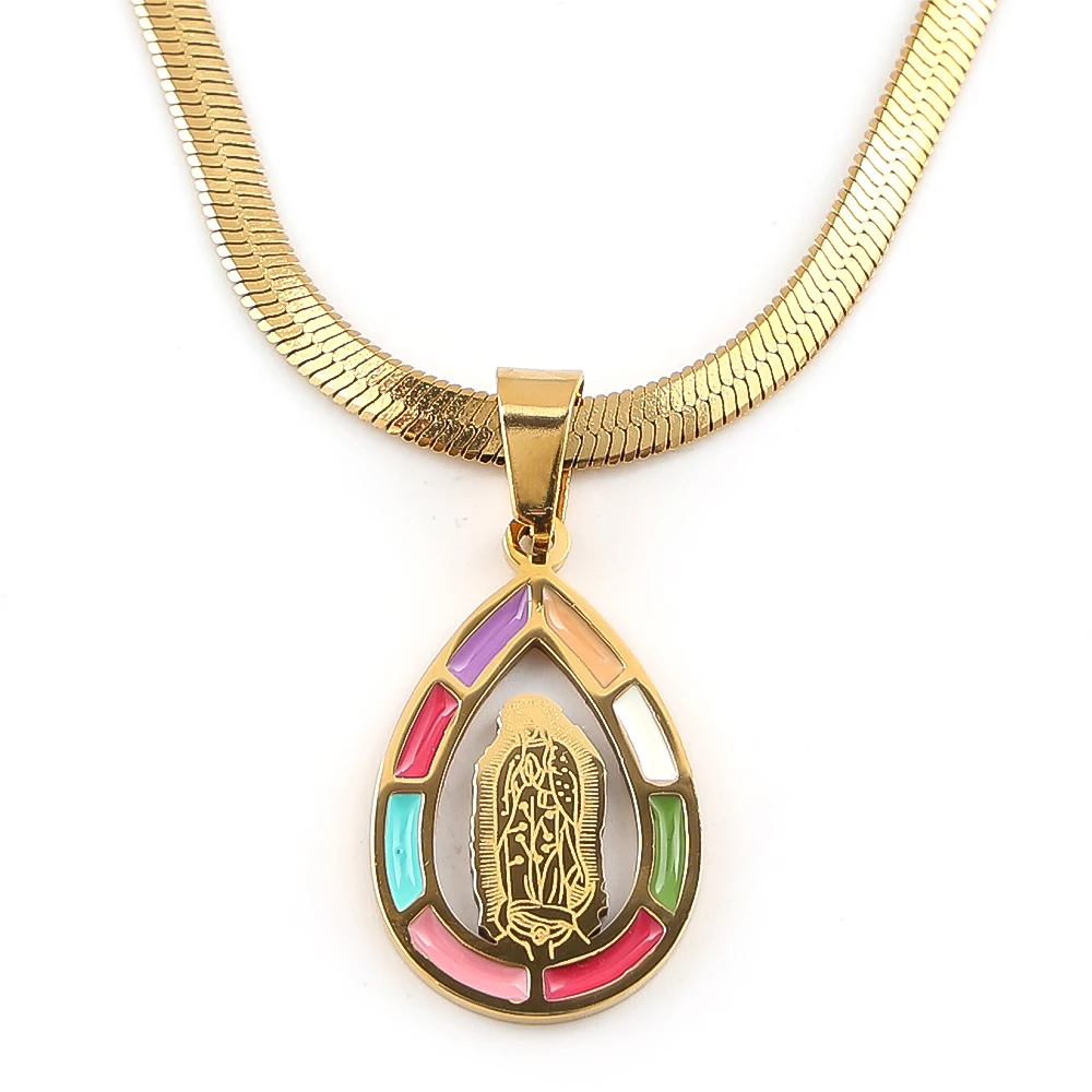 Jungfrau Maria Beten Halskette für Frauen Männer Edelstahl Emaille Gold Farbe Wassertropfen Form Guadalupe Kette Schmuck