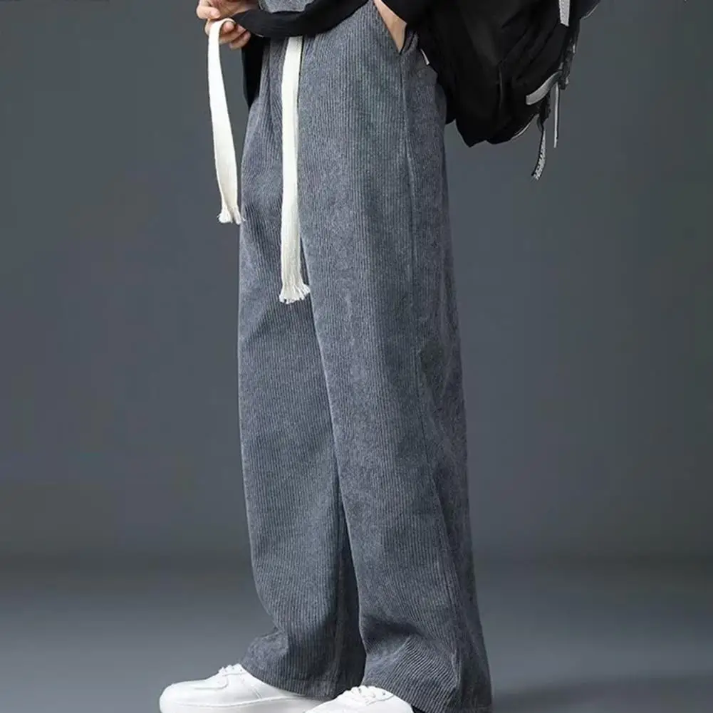 

Men Fall Winter Pants Drawstring Elastic Waist Straight Wide Leg Loose Thick Plush Pockets Soft Men Casual Sports Trousers Long