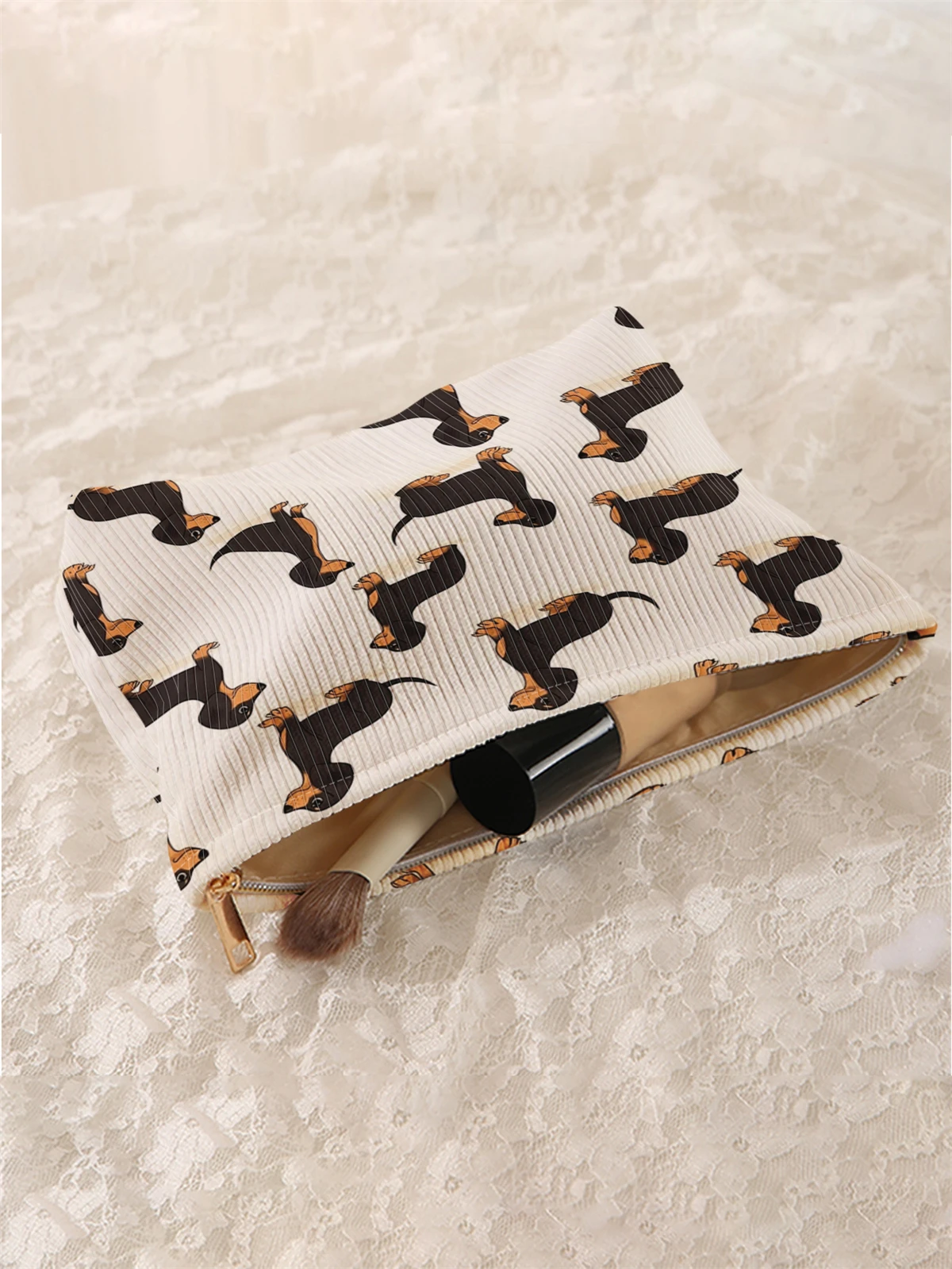1pc cartoon dog pattern printed corduroy makeup bag, lightweight zipper makeup storage box, multifunctional bag with lining