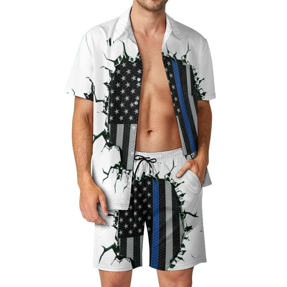 

Тонкая синяя рубашка-трапеция-Винтажный Мужской пляжный костюм с полицейским и американским флагом симпатичное платье-брюки из 2 предметов Винтажный стиль для отдыха европейский размер